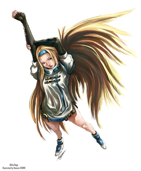 Anime picture 744x900 with guilty gear millia rage shonensan single tall image blue eyes simple background blonde hair white background signed looking away very long hair from above arms up character names girl dress gloves elbow gloves boots