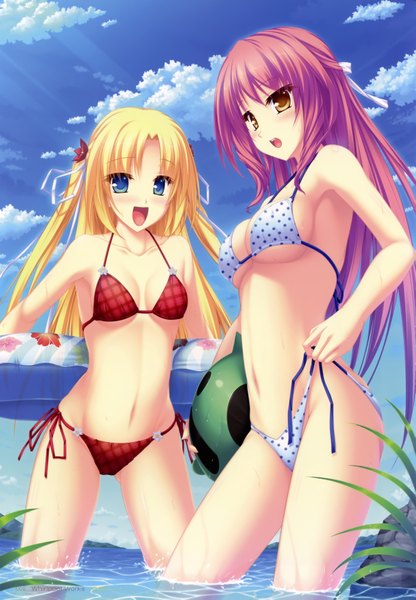 Anime picture 4955x7139 with tenmaso long hair tall image blush highres open mouth blue eyes light erotic blonde hair multiple girls brown eyes absurdres sky purple hair cloud (clouds) scan official art girl navel 2 girls