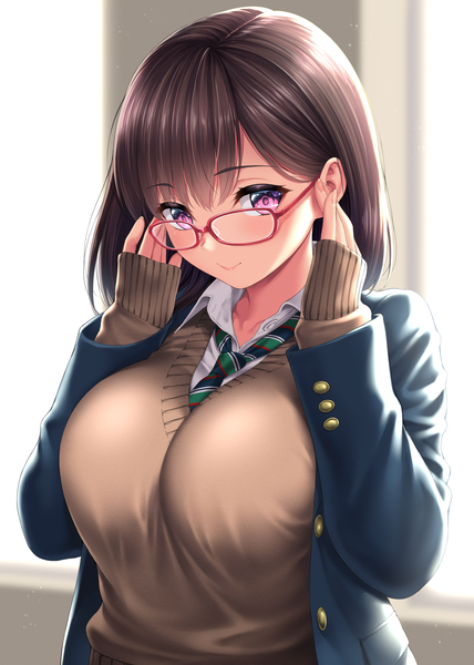 Anime picture 2976x4175 with original kase daiki single tall image looking at viewer blush fringe highres short hair breasts smile brown hair large breasts upper body indoors long sleeves nail polish pink eyes fingernails blurry