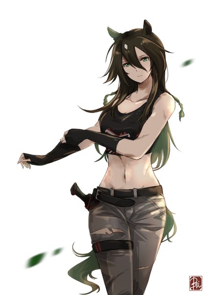 Anime picture 2893x4092 with arknights meteor (arknights) ezraqi single long hair tall image looking at viewer fringe highres breasts simple background hair between eyes brown hair standing white background bare shoulders green eyes signed animal ears tail