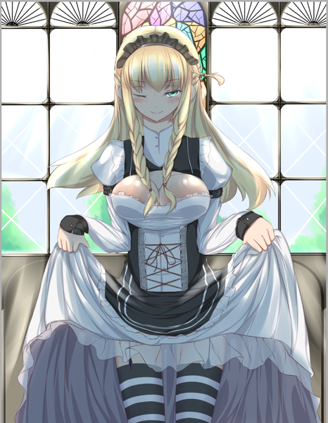 Anime picture 775x996 with voiceroid tsurumaki maki leglus single long hair tall image looking at viewer blush fringe breasts light erotic blonde hair smile large breasts holding green eyes indoors braid (braids) one eye closed wink