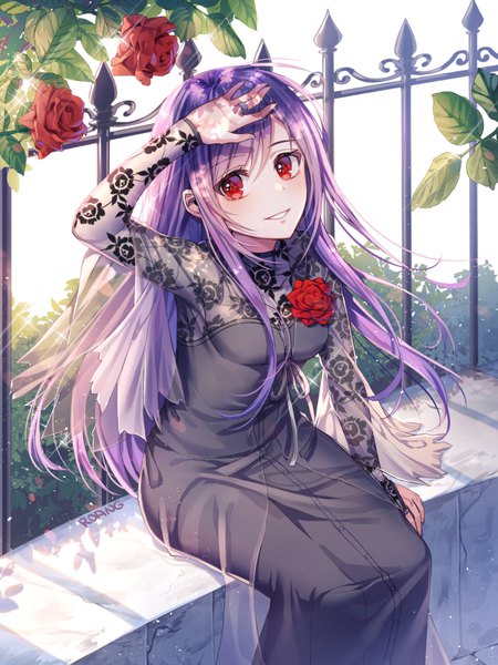 Anime picture 700x933 with bang dream! seta kaoru roang single long hair tall image looking at viewer blush fringe smile hair between eyes red eyes sitting signed payot purple hair outdoors parted lips arm up sparkle