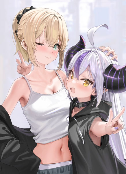 Anime picture 992x1365 with virtual youtuber hololive la+ darknesss kazama iroha kanzarin (hoochikiss) long hair tall image looking at viewer blush short hair open mouth blonde hair smile multiple girls green eyes yellow eyes cleavage silver hair purple hair ahoge