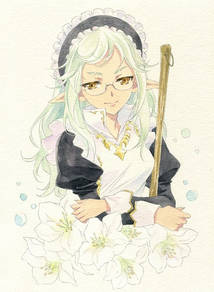 Anime picture 700x956 with rune factory maerwen (rune factory) agahari single long hair tall image looking at viewer simple background smile white background yellow eyes green hair pointy ears maid traditional media watercolor (medium) girl uniform flower (flowers) glasses