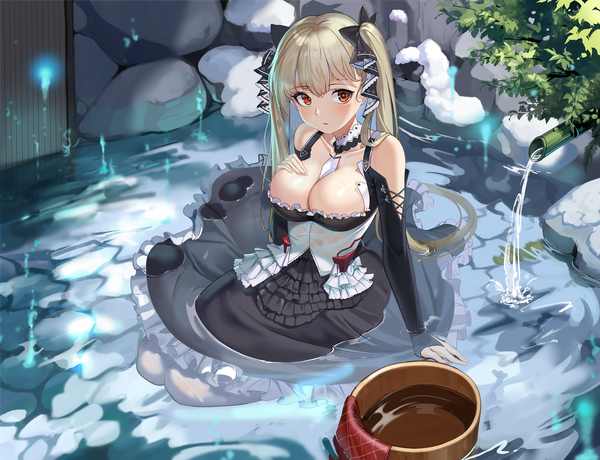 Anime-Bild 3000x2302 mit azur lane formidable (azur lane) merchant91 single long hair looking at viewer blush fringe highres breasts light erotic blonde hair red eyes large breasts sitting twintails outdoors arm support partially submerged hand on chest