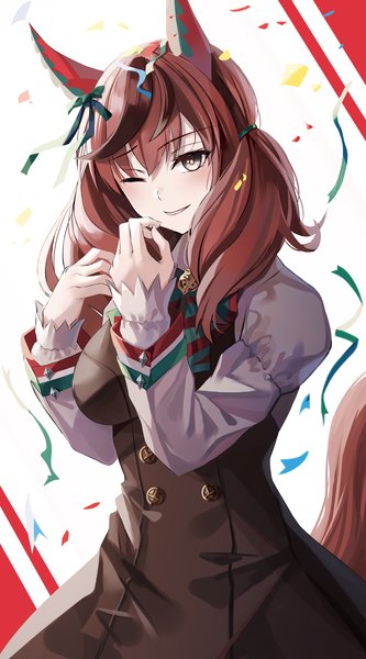 Anime picture 1200x2165 with umamusume nice nature (umamusume) nicky w single long hair tall image brown hair twintails brown eyes animal ears looking away tail animal tail one eye closed horse ears horse tail girl confetti