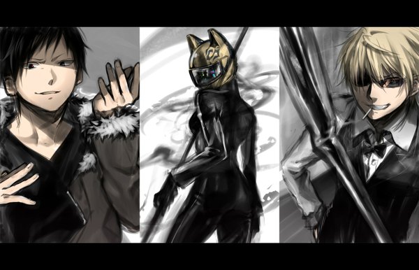 Anime picture 1552x1000 with durarara!! brains base (studio) orihara izaya heiwajima shizuo celty sturluson smoke sunglasses helmet