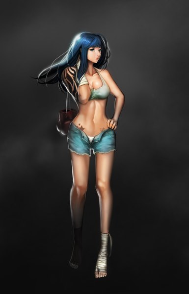 Anime picture 2093x3256 with silvester single long hair tall image highres light erotic blue hair looking away grey eyes tattoo legs open shorts girl underwear panties