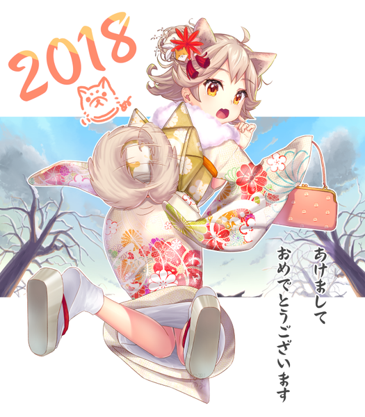 Anime picture 720x823 with original matsunashi noe single tall image short hair open mouth blonde hair animal ears yellow eyes full body ahoge tail traditional clothes japanese clothes animal tail looking back from behind new year jumping dog ears