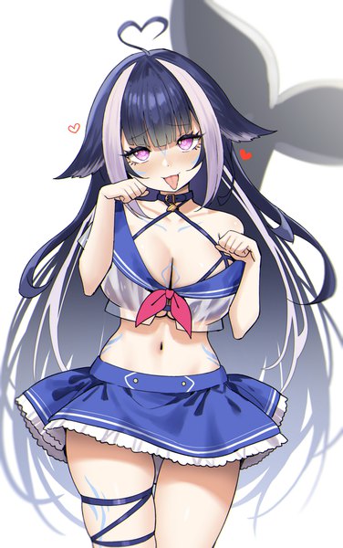 Anime picture 1555x2480 with virtual youtuber indie virtual youtuber shylily shylily (1st costume) sky-freedom single tall image looking at viewer breasts light erotic black hair simple background large breasts white background purple eyes ahoge tail very long hair multicolored hair two-tone hair