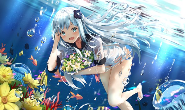 Anime picture 1500x896 with original mobu (wddtfy61) single long hair looking at viewer blush fringe open mouth light erotic wide image payot silver hair :d barefoot hair flower aqua eyes sunlight bare legs floating hair underwater