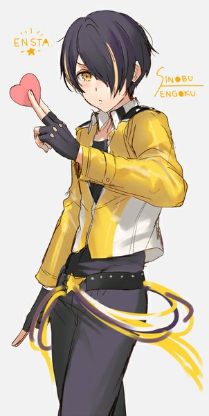 Anime picture 433x859 with ensemble stars! sengoku shinobu kippu single tall image blush fringe short hair black hair simple background yellow eyes looking away multicolored hair hair over one eye grey background two-tone hair :o streaked hair copyright name character names