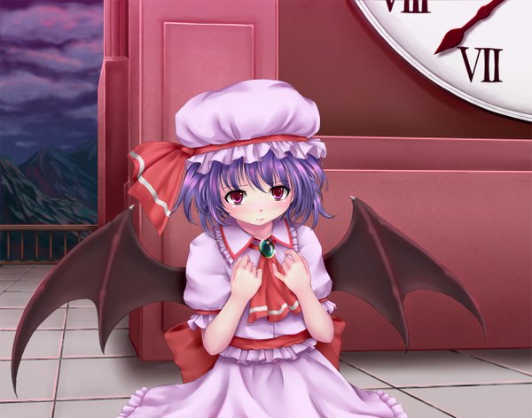 Anime picture 1280x1008 with touhou remilia scarlet lely blush short hair purple eyes purple hair girl dress wings frills bonnet