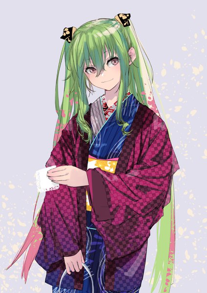 Anime picture 868x1228 with original kiriyama single long hair tall image fringe simple background hair between eyes twintails payot traditional clothes head tilt japanese clothes pink eyes green hair light smile checkered girl kimono obi