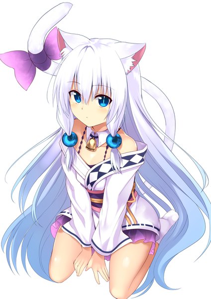 Anime picture 1116x1579 with original mahcdai single tall image looking at viewer fringe blue eyes simple background hair between eyes white background sitting bare shoulders animal ears payot blue hair full body white hair tail long sleeves very long hair