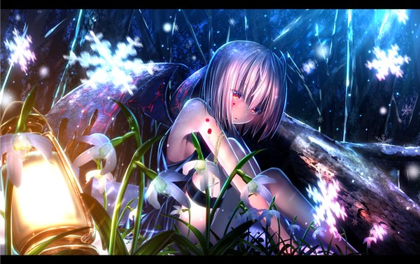 Anime picture 1270x800 with touhou remilia scarlet ryosios single looking at viewer short hair sitting pink hair ahoge letterboxed bat wings vampire girl dress flower (flowers) plant (plants) wings belt pendant thigh strap