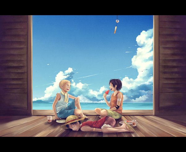 Anime picture 1220x1000 with one piece toei animation monkey d. luffy portgas d. ace sabo (one piece) megatruh short hair black hair blonde hair sitting sky cloud (clouds) multiple boys letterboxed scar sleeping boy hat food shorts