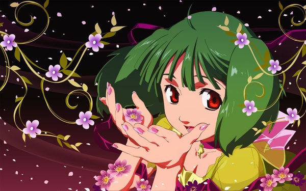 Anime picture 1680x1050 with macross macross frontier ranka lee short hair red eyes wide image green hair girl flower (flowers)