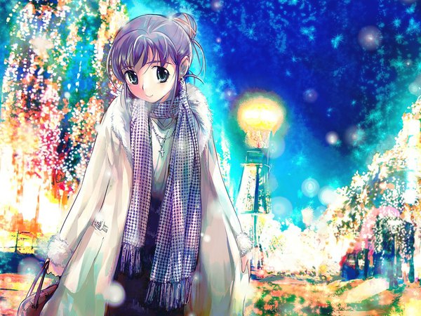 Anime picture 1024x768 with original makarauroko6 single smile night snowing christmas winter earrings scarf jewelry bag cross necklace coat handbag