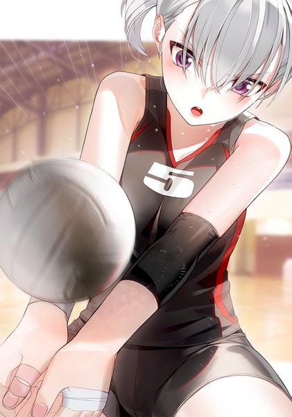 Anime picture 877x1250 with original kfr single tall image blush fringe short hair open mouth hair between eyes purple eyes bare shoulders silver hair blurry :o sweat depth of field looking down playing sports volleyball girl