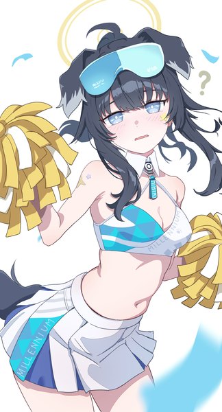 Anime picture 965x1785 with blue archive hibiki (blue archive) hibiki (cheerleader) (blue archive) udon f single long hair tall image looking at viewer breasts blue eyes light erotic black hair simple background white background animal ears cleavage tail animal tail midriff official alternate costume