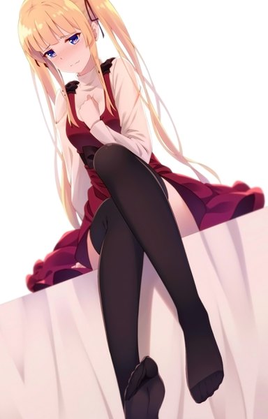 Anime picture 1577x2463 with saenai heroine no sodatekata a-1 pictures sawamura spencer eriri natsu97 single long hair tall image blush fringe blonde hair simple background white background sitting twintails purple eyes payot looking away blunt bangs dutch angle embarrassed