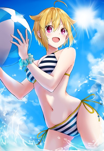 Anime picture 1000x1446 with idolmaster idolmaster million live! ibuki tsubasa aoyashio rin single tall image looking at viewer blush fringe short hair open mouth light erotic blonde hair hair between eyes sky ahoge :d pink eyes wrist scrunchie girl