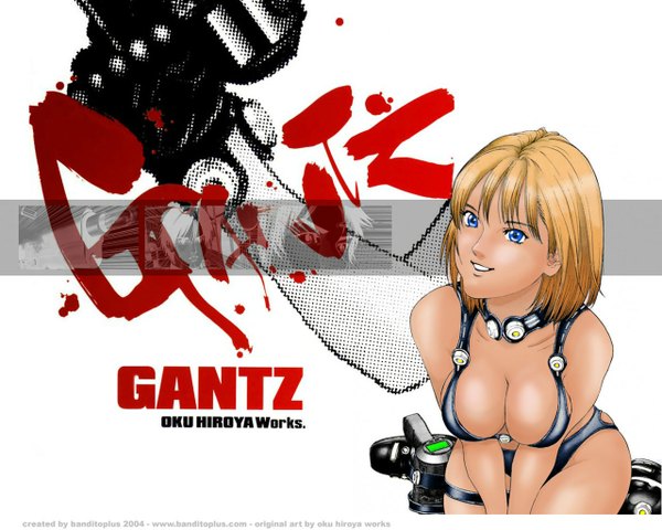 Anime picture 1280x1024 with gantz gonzo blue eyes light erotic blonde hair smile girl headphones bikini top