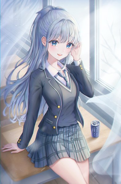 Anime picture 2300x3500 with original pocari sweat bobmond single long hair tall image looking at viewer blush fringe highres open mouth blue eyes smile sitting payot silver hair indoors long sleeves nail polish pleated skirt