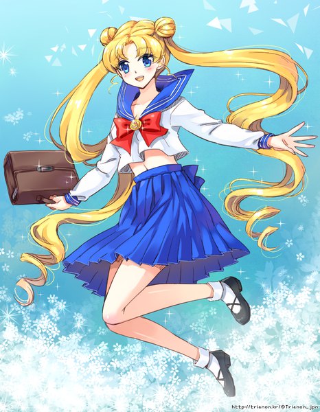 Anime picture 699x900 with bishoujo senshi sailor moon toei animation tsukino usagi trianon single tall image blush open mouth blue eyes blonde hair twintails full body very long hair pleated skirt sparkle midriff hair bun (hair buns) spread arms jumping girl