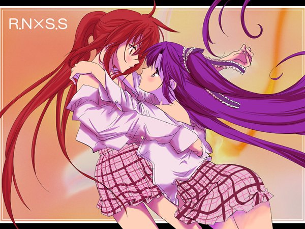 Anime picture 1024x768 with little busters! kannazuki no miko key (studio) natsume rin sasasegawa sasami sakayama shinta multiple girls two side up hug parody miko embrace girl 2 girls