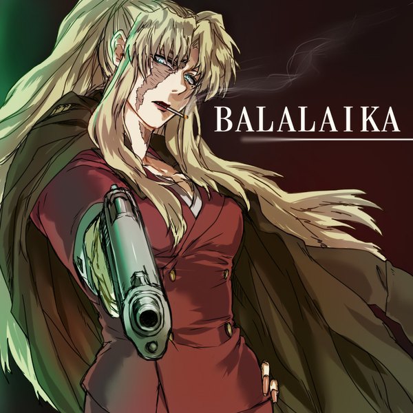 Anime picture 800x800 with black lagoon madhouse balalaika (black lagoon) non (nonzile) single long hair looking at viewer fringe blue eyes blonde hair character names hand on hip outstretched arm scar girl weapon gun pistol cigarette