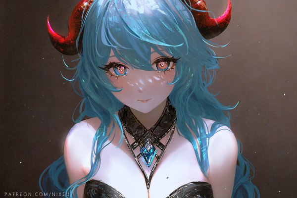 Anime picture 1300x867 with genshin impact ganyu (genshin impact) nixeu single long hair looking at viewer blush fringe breasts hair between eyes large breasts bare shoulders signed blue hair upper body horn (horns) mole gradient background light dark background