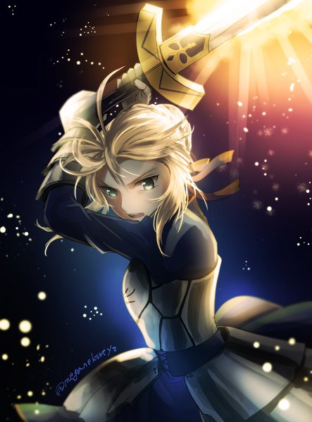 Anime picture 665x900 with fate (series) fate/stay night artoria pendragon (all) saber sushimaro (meganekureyo) single tall image open mouth blonde hair holding green eyes signed payot ahoge arms up hair bun (hair buns) floating hair looking down glow girl