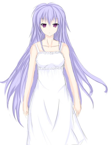 Anime picture 2640x3420 with lesoul single long hair tall image looking at viewer highres simple background white background purple eyes bare shoulders purple hair girl dress white dress