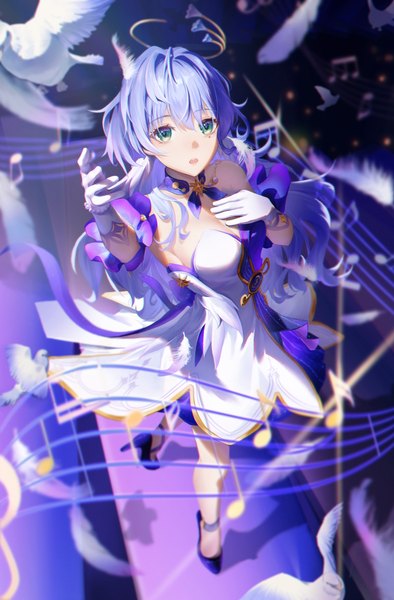 Anime picture 2365x3600 with honkai: star rail honkai (series) robin (honkai: star rail) yomou pawf4375 single long hair tall image fringe highres breasts open mouth hair between eyes standing bare shoulders looking away silver hair arm up aqua eyes from above blurry
