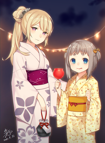 Anime picture 1812x2476 with original akayan tall image highres blue eyes blonde hair twintails purple eyes multiple girls signed cloud (clouds) ponytail traditional clothes japanese clothes night loli dated short twintails eyebrows girl