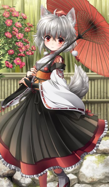 Anime picture 700x1200 with touhou inubashiri momiji kei kei tall image looking at viewer short hair red eyes animal ears silver hair tail animal tail wolf ears wolf tail wolf girl kourindou tengu costume girl dress flower (flowers) umbrella pom pom (clothes)