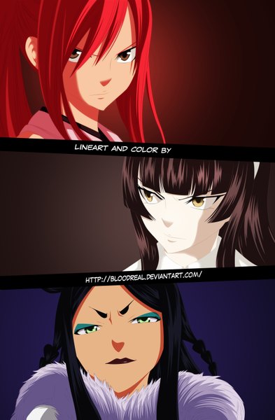 Anime picture 2000x3054 with fairy tail erza scarlet mikazuchi kagura minerva orlando advance996 long hair tall image highres black hair simple background brown hair multiple girls brown eyes green eyes yellow eyes ponytail red hair braid (braids) lipstick coloring