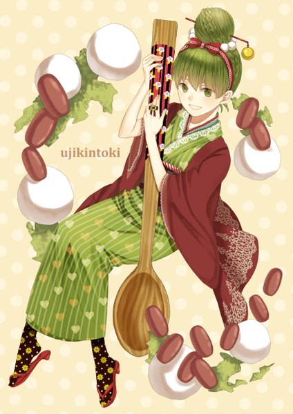 Anime picture 1753x2480 with original q pixiv: sweets personification conoco single long hair tall image looking at viewer highres smile sitting green eyes braid (braids) japanese clothes green hair inscription hair bun (hair buns) polka dot polka dot background braided bun heart print