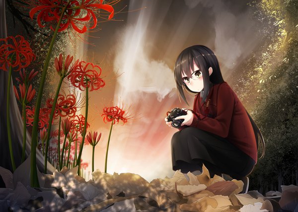Anime picture 1832x1306 with original canon (company) nekobaka single long hair blush fringe highres black hair hair between eyes yellow eyes looking away sky cloud (clouds) squat autumn girl flower (flowers) plant (plants) tree (trees)