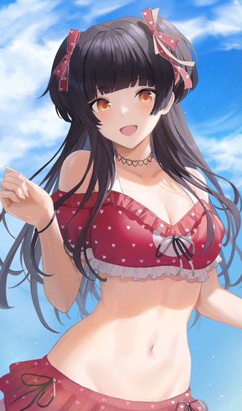 Anime picture 2340x3964 with idolmaster idolmaster shiny colors mayuzumi fuyuko hiroserii single long hair tall image looking at viewer blush fringe highres breasts open mouth light erotic black hair smile brown eyes sky cloud (clouds) outdoors