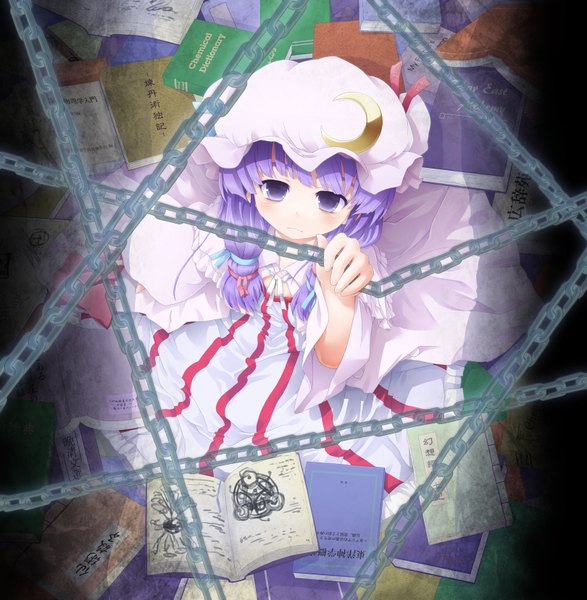 Anime picture 1620x1657 with touhou patchouli knowledge paji single long hair tall image purple eyes purple hair girl dress book (books) chain bonnet