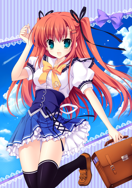 Anime picture 4187x5951 with yuyukana takasaki honoka mitha long hair tall image highres open mouth green eyes absurdres red hair girl thighhighs skirt uniform bow ribbon (ribbons) black thighhighs hair ribbon school uniform miniskirt