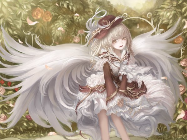 Anime picture 1600x1200 with original rinmmo single long hair blush fringe open mouth blonde hair hair between eyes standing yellow eyes looking away outdoors wide sleeves sleeves past wrists white wings girl dress flower (flowers) plant (plants)