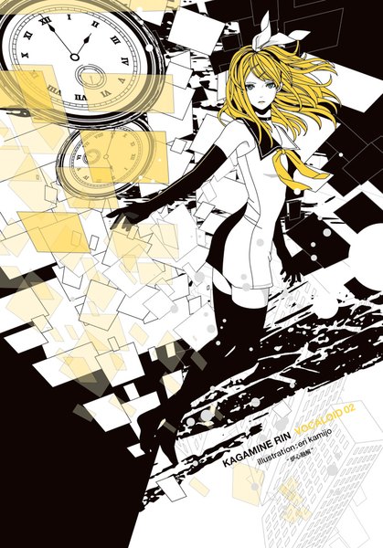 Anime picture 700x1002 with vocaloid meltdown (vocaloid) kagamine rin eri kamijou single long hair tall image looking at viewer fringe breasts blonde hair bare shoulders signed parted lips aqua eyes inscription dutch angle zettai ryouiki character names text