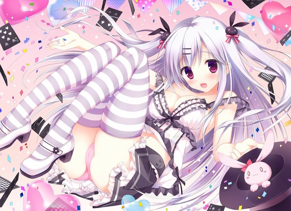 Anime picture 1886x1373 with original kimishima ao single long hair looking at viewer blush highres breasts open mouth light erotic red eyes silver hair :d two side up girl thighhighs skirt hair ornament underwear panties