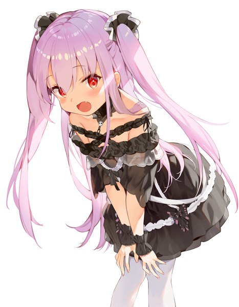 Anime picture 1737x2232 with virtual youtuber hololive uruha rushia uruha rushia (3rd costume) hana mori single long hair tall image looking at viewer blush fringe highres open mouth simple background hair between eyes red eyes white background bare shoulders purple hair fang (fangs)