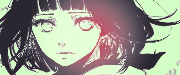 Anime picture 1366x575 with naruto studio pierrot naruto (series) hyuuga hinata santahayamada single long hair looking at viewer fringe black hair wide image monochrome white eyes no pupils girl