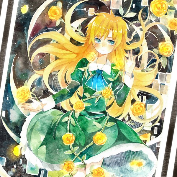 Anime picture 800x800 with ib (game) mary (ib) rei (pixiv4656825) single long hair blush fringe blue eyes blonde hair looking away traditional media watercolor (medium) girl dress flower (flowers) petals rose (roses) neckerchief green dress yellow rose